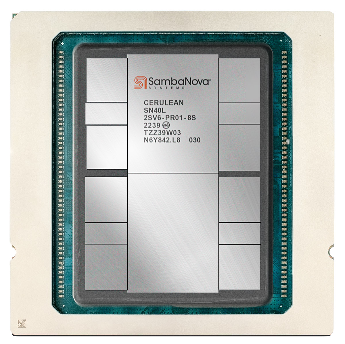 SambaNova SN40L Cerulean CoWoS package with lid removed showing dual RDU dies and HBM stacks